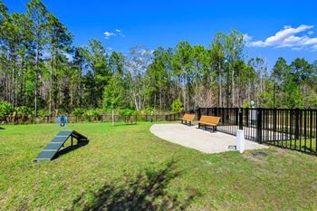 Fenced dog park with agility equipment and seating